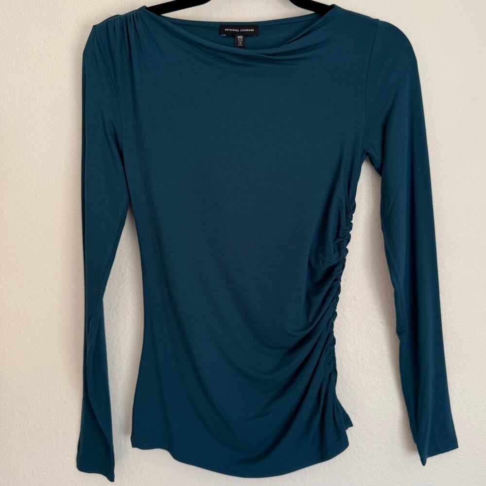 NWT Universal Standard Women's Size XS Cinch Ruched Stretch Top‎ Shirt Teal Blue